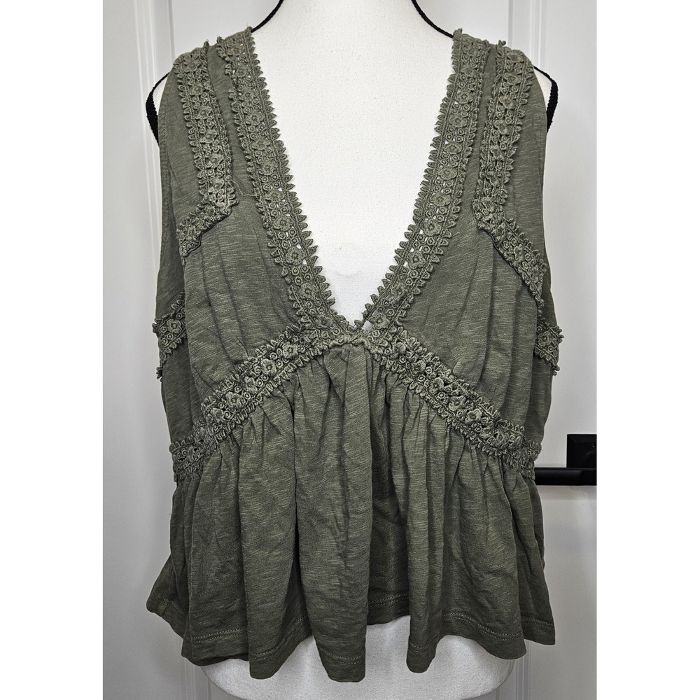 Aerie Babydoll Sleeveless Top Cropped Size XL Olive Green‎ Crochet Lace Trim